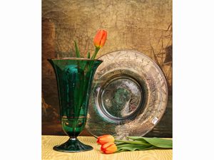 Vaso e piatto in vetro soffiato con decorazioni in argento  - Asta L'Arte di Arredare - Associazione Nazionale - Case d'Asta italiane