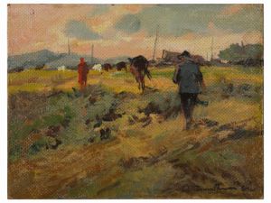 Carlo Domenici - Paesaggio di campagna con contadini