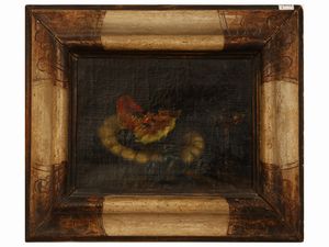 Scuola francese - Natura morta con fetta di anguria, prugne e bicchiere