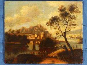 Cerchia di Michele Pagano - Paesaggio fluviale con figure