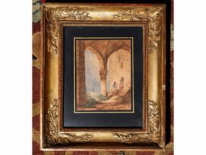 Scuola napoletana del XIX secolo - Scorcio architettonico con personaggi