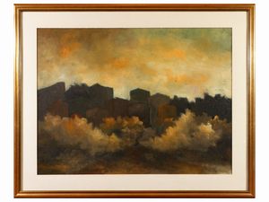 Leonardo De Magistris - Paesaggio con case 1966