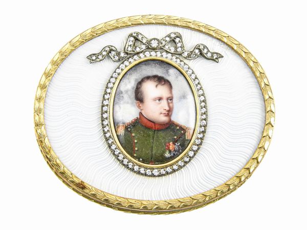 Tabacchiera in oro giallo, oro rosa e argento con diamanti, smalti e miniatura  - Asta Gioielli e orologi - Associazione Nazionale - Case d'Asta italiane