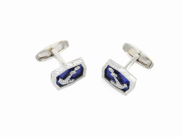 Coppia di gemelli in oro bianco con diamanti e smalti blu  - Asta Gioielli e orologi - Associazione Nazionale - Case d'Asta italiane