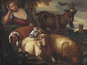 ARTISTA ITALIANO DEL XVII-XVIII SECOLO - Scena pastorale con gregge e pastore addormentato