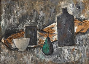 Xavier Bueno - Natura morta con bottiglia, pera e giornali