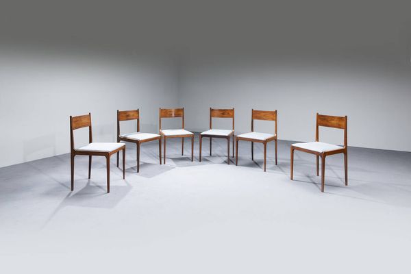 SERGIO MAZZA : Sei sedie con struttura in massello di legno  schienale in compensato curvato e seduta in tessuto.  Prod. Arflex 1962 cm 82 5x46 5x47 Bibl.: Giuliana Gramigna  Repertorio del Design Italiano 1950-2000  vol. 1  pag. 95  - Asta Design - Associazione Nazionale - Case d'Asta italiane