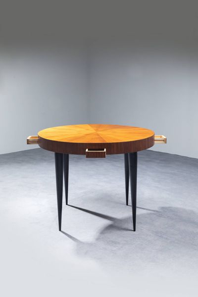 GIO PONTI Milano 1891 - 1979 : Tavolo con piano in legno bordo grissinato  cassetti a scomparsa  gambe coniche in legno laccato nero. Anni '50 cm 78x105 Corredato dell'Expertise del Gio Ponti Archives  - Asta Design - Associazione Nazionale - Case d'Asta italiane