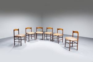 LUIGI MASSONI - Sei sedie in legno e imbottitura rivestita in cuoio. Prod. Mobilia anni '60 cm 78x50x50  Difetti