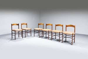 LUIGI MASSONI : Sei sedie in legno e imbottitura rivestita in cuoio. Prod. Mobilia anni '60 cm 78x50x50  Difetti  - Asta Design - Associazione Nazionale - Case d'Asta italiane