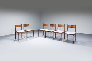 SERGIO MAZZA - Sei sedie con struttura in massello di legno  schienale in compensato curvato e seduta in tessuto.  Prod. Arflex  [..]