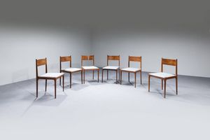 SERGIO MAZZA : Sei sedie con struttura in massello di legno  schienale in compensato curvato e seduta in tessuto.  Prod. Arflex 1962 cm 82 5x46 5x47 Bibl.: Giuliana Gramigna  Repertorio del Design Italiano 1950-2000  vol. 1  pag. 95  - Asta Design - Associazione Nazionale - Case d'Asta italiane
