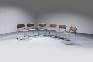 PRODUZIONE ITALIANA : Sei sedie in acciaio cromato  schienale e seduta in tessuto.  Anni '70 cm 76 5x50 5x51  Difetti  - Asta Design - Associazione Nazionale - Case d'Asta italiane