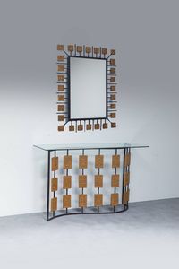 CLIZIA (MARIO GIANI) Torino 1923 - 2000 - Console con specchiera in ferro con placche in terracotta decorata con motivi ornamentali.  Anni '60 console cm  [..]