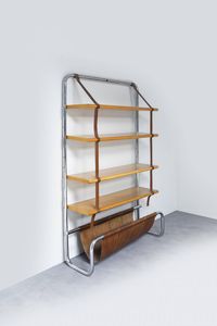 LUIGI MASSONI - Libreria Jumbo line con struttura in acciaio cromato  pelle  legno naturale.  Prod. Frau 1971 cm 190x120x40 Bibl.:  [..]