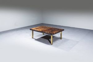 ALDO TURA - Tavolino in pergamena e sostegni in ottone. Prod. Tura anni '60 cm 41 5x120x80