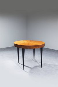 GIO PONTI Milano 1891 - 1979 - Tavolo con piano in legno bordo grissinato  cassetti a scomparsa  gambe coniche in legno laccato nero. Anni '50  [..]