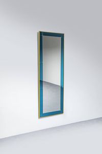 CRISTAL ART - Specchiera con cornice in ottone  cristallo specchiato e vetro colorato blu. Prod. Cristal Art anni '60 cm 175 [..]