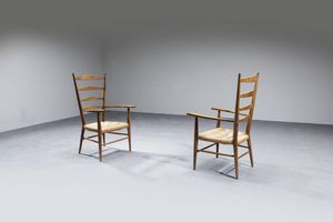 PRODUZIONE ITALIANA : Coppia di sedie con struttura in legno e seduta in paglia.  Anni '50 cm 105x60 5x55  - Asta Design - Associazione Nazionale - Case d'Asta italiane