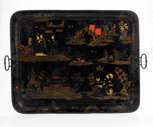 Vassoio in legno laccato con paesaggi e figure, Cina, Dinastia Qing, XIX secolo  - Asta Asian Art - Associazione Nazionale - Case d'Asta italiane