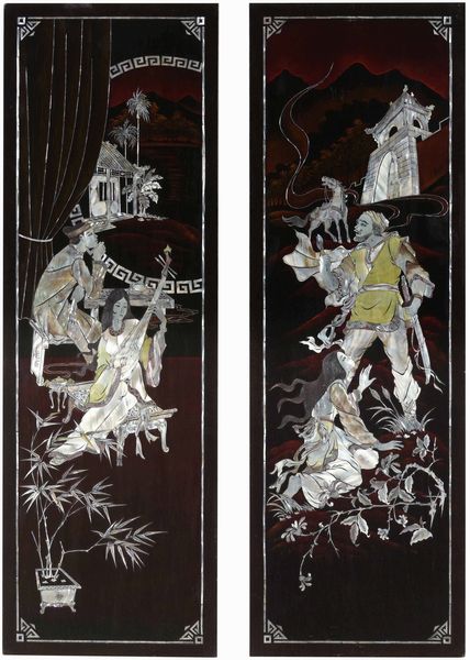 Coppia di pannelli in legno laccato e intarsi in madreperla raffiguranti scene di vita comune, Cina, Repubblica, XX secolo  - Asta Asian Art - Associazione Nazionale - Case d'Asta italiane