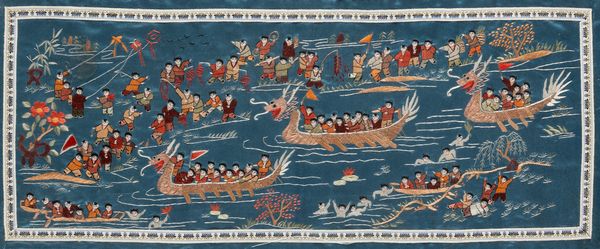 Tessuto ricamato raffigurante personaggi su imbarcazioni su fondo blu, Cina, Dinastia Qing, XIX secolo  - Asta Asian Art - Associazione Nazionale - Case d'Asta italiane
