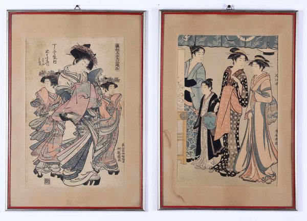 Due xilografie su carta raffiguranti Geishe, Giappone, XX secolo  - Asta Asian Art - Associazione Nazionale - Case d'Asta italiane