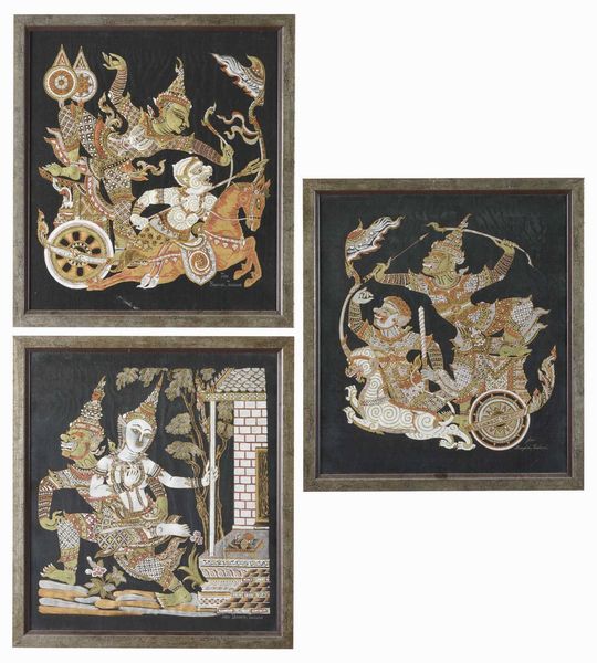 Lotto composto da tre dipinti su stoffa raffiguranti divinit, India, XX secolo  - Asta Asian Art - Associazione Nazionale - Case d'Asta italiane