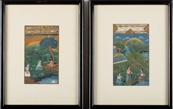 Quattro miniature su carta raffiguranti scene galanti con iscrizioni, India, XIX secolo  - Asta Asian Art - Associazione Nazionale - Case d'Asta italiane