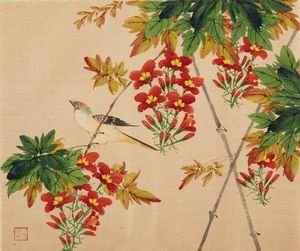 Cinque dipinti su seta raffiguranti soggetti naturalistici con uccellini tra i rami e iscrizioni, Cina, XX secolo  - Asta Asian Art - Associazione Nazionale - Case d'Asta italiane