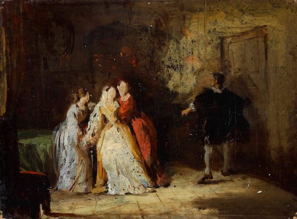 Domenico Morelli, Attribuito a : Scena galante con figure in abiti d�epoca  - Asta Dipinti del XIX e XX secolo - Associazione Nazionale - Case d'Asta italiane