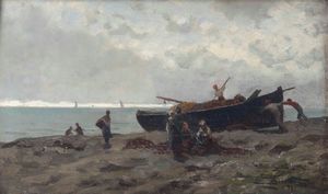 Luigi Steffani : Spiaggia con pescatori  - Asta Dipinti del XIX e XX secolo - Associazione Nazionale - Case d'Asta italiane