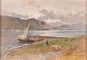 Eugenio Gignous - Barche in riva al lago con pecore