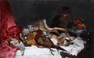 Paul Mathey : Natura morta con cacciagione e gatto  - Asta Dipinti del XIX e XX secolo - Associazione Nazionale - Case d'Asta italiane
