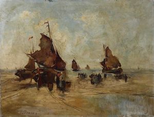 Eugene Isabey : Barche sulla riva  - Asta Dipinti del XIX e XX secolo - Associazione Nazionale - Case d'Asta italiane