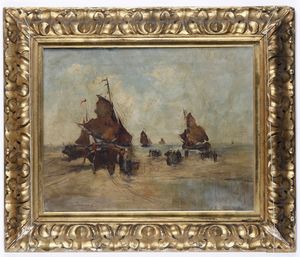 Eugene Isabey : Barche sulla riva  - Asta Dipinti del XIX e XX secolo - Associazione Nazionale - Case d'Asta italiane