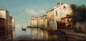 Eloi Noël Bouvard - Veduta di Canale veneziano con gondole