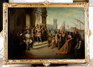 Luigi Sacco : Arrivo a Genova dei prigionieri di Ponza  - Asta Dipinti del XIX e XX secolo - Associazione Nazionale - Case d'Asta italiane