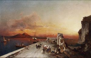 Franz Richard Unterberger : Scena di porto sl tramonto  - Asta Dipinti del XIX e XX secolo - Associazione Nazionale - Case d'Asta italiane
