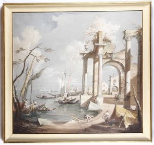 Seguace di Guardi, XIX secolo Capriccio veneziano  - Asta Dipinti del XIX e XX secolo - Associazione Nazionale - Case d'Asta italiane