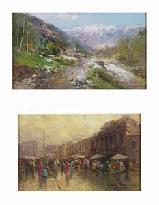 GIUSEPPE PESA : Paesaggio montano e scena di mercato  - Asta Dipinti del XIX e XX secolo - Associazione Nazionale - Case d'Asta italiane
