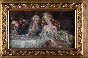 A Firma Pablo Salinas Il dono (figure al tavolo)  - Asta Dipinti del XIX e XX secolo - Associazione Nazionale - Case d'Asta italiane