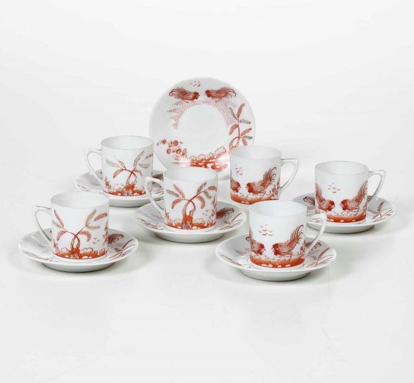 Sei tazze da caff� con piattino a galli rossi<BR>Issel, Montallegro, XX secolo<BR>  - Asta Arredo per la tavola - Associazione Nazionale - Case d'Asta italiane