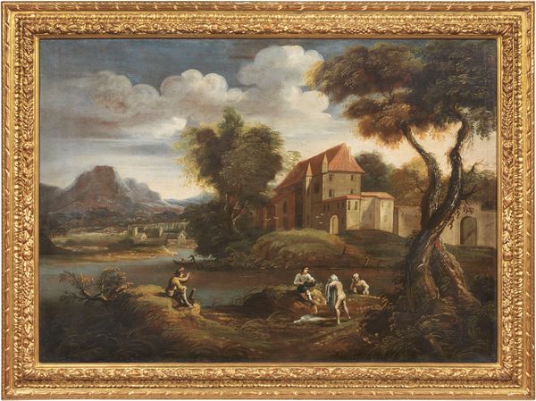 SCUOLA ROMANA DEL XVII SECOLO : Paesaggio fluviale con bagnanti  - Asta Importanti Dipinti e Arredi Antichi - Associazione Nazionale - Case d'Asta italiane