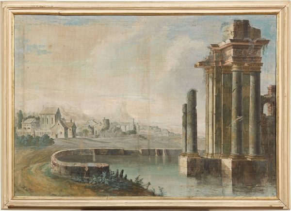 Scuola veneta del XVIII secolo : Paesaggio con rovine architettoniche e villaggio sullo sfondo  - Asta Importanti Dipinti e Arredi Antichi - Associazione Nazionale - Case d'Asta italiane