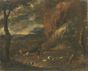 Scuola italiana fine XVII secolo - Paesaggio con pastori