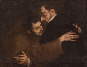 SCUOLA LOMBARDA DEL XVII SECOLO - Abbraccio tra San Domenico e San Francesco (Agape fraterna)