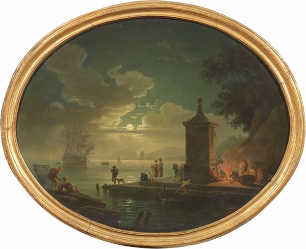 Scuola francese del XIX secolo : Veduta notturna di marina con vascello  - Asta Dipinti e Sculture del XIX e XX secolo - Associazione Nazionale - Case d'Asta italiane