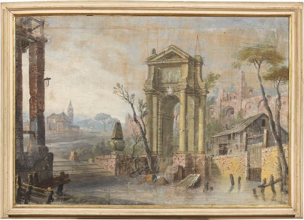 Scuola veneta del XVIII secolo : Paesaggio con arco e chiesa sullo sfondo  - Asta Dipinti e Sculture del XIX e XX secolo - Associazione Nazionale - Case d'Asta italiane