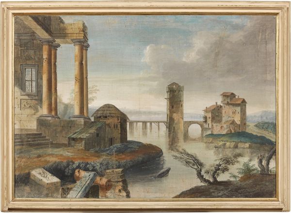 Scuola veneta del XVIII secolo : Paesaggio lacustre con rovine architettoniche  - Asta Dipinti e Sculture del XIX e XX secolo - Associazione Nazionale - Case d'Asta italiane